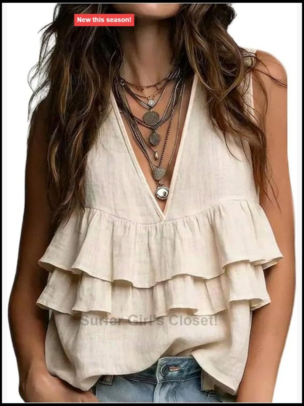 Ruffle Tank Top Deep V Neck Babydoll Flowy Summer Sleeveless Viscose